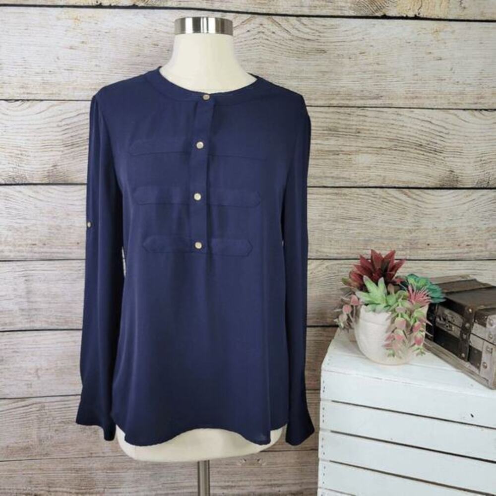 Banana Republic Navy Blue LS Solid Kate Military Button Blouse Small 970422-01